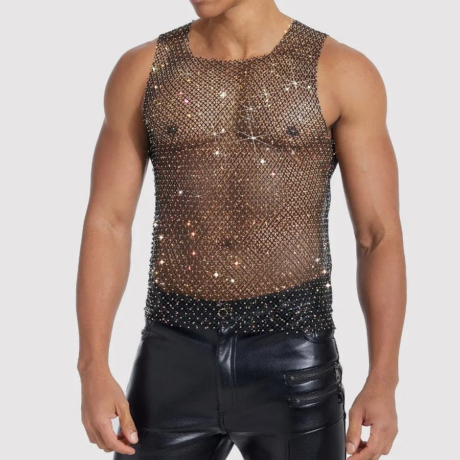 a sexy man in Black White Boy's Crowned Rhinestone Mesh Tank - pridevoyageshop.com - gay men's fashion, clubwear, party outfit
