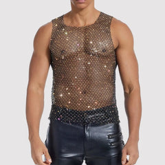 a sexy man in Black White Boy's Crowned Rhinestone Mesh Tank - pridevoyageshop.com - gay men's fashion, clubwear, party outfit

