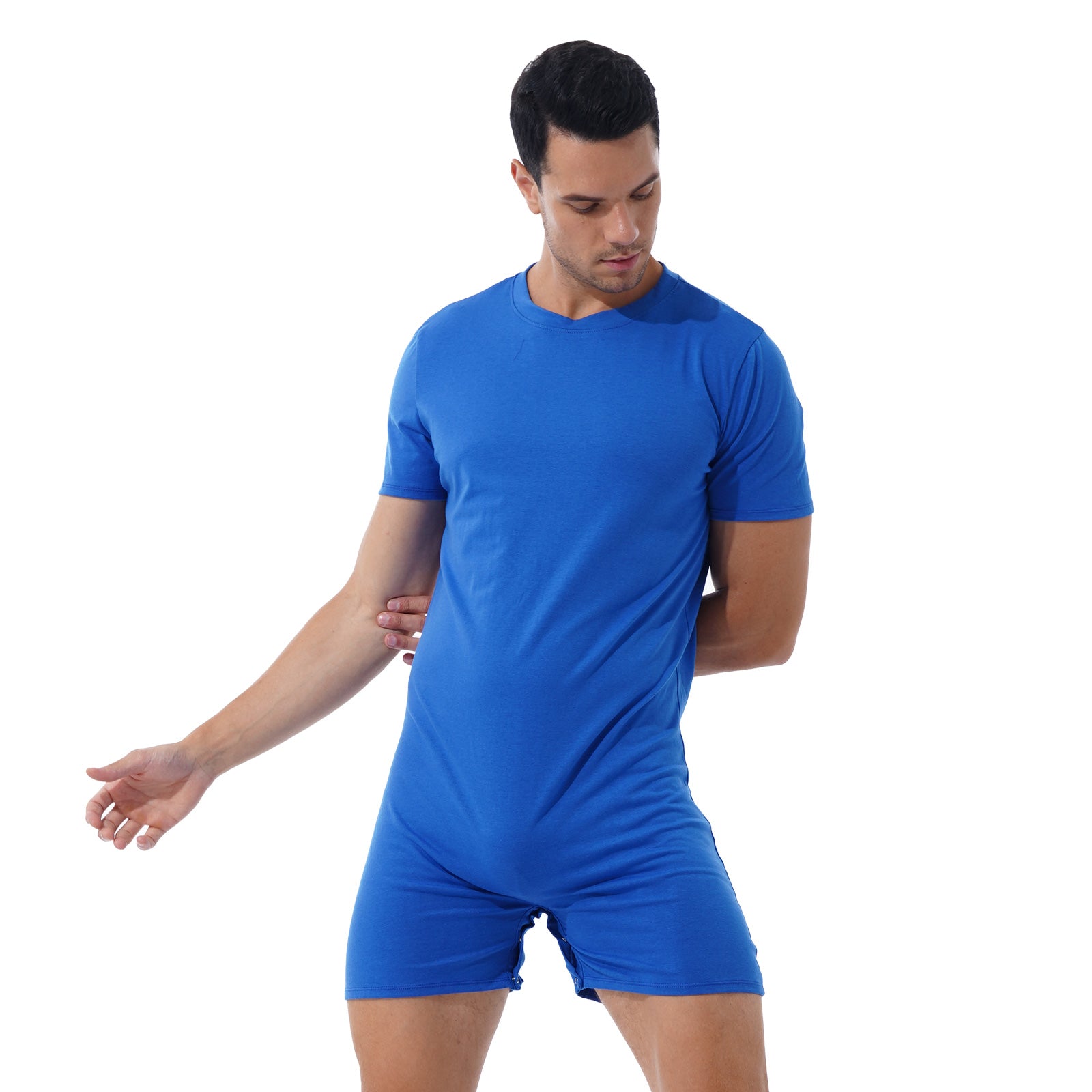 a sexy man in Blue Boy Next Door Romper - pridevoyageshop.com - gay men's lingerie, bodywear, fetish wear
