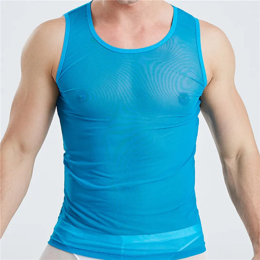 a sexy man in Blue Discreet Mesh Tank - pridevoyageshop.com - gay men's fashion, clubwear, party outfit

