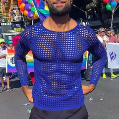 a sexy man in Blue Hook Fishnet Long Sleeve Top - pridevoyageshop.com - gay men's fashion, clubwear, party outfit
