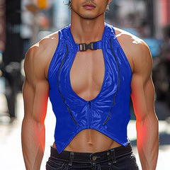 a sexy man in Blue Men’s Bubblegum Shiny Cutout Vest - pridevoyageshop.com - gay men's harness, fetish gear, rave outfit
