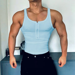 a sexy man in Blue Men’s Gym Glow Ribbed Zip Tank - pridevoyageshop.com - gay men's fashion, clubwear, party outfit
