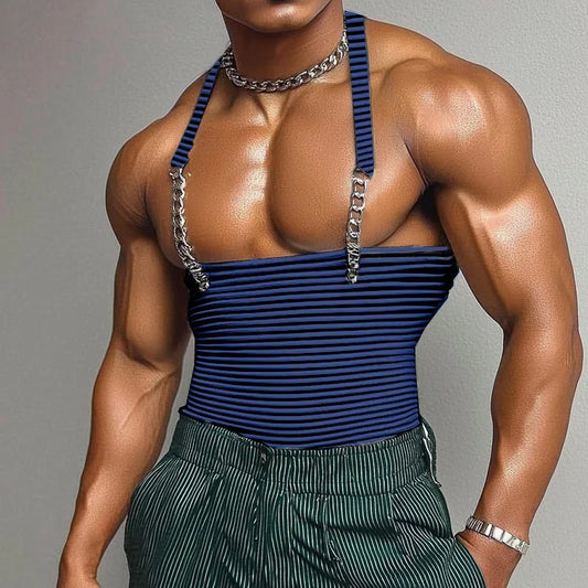 a sexy man in Blue Pecs Pass Striped Chain-Strap Halter - pridevoyageshop.com - gay men's fashion, clubwear, party outfit
