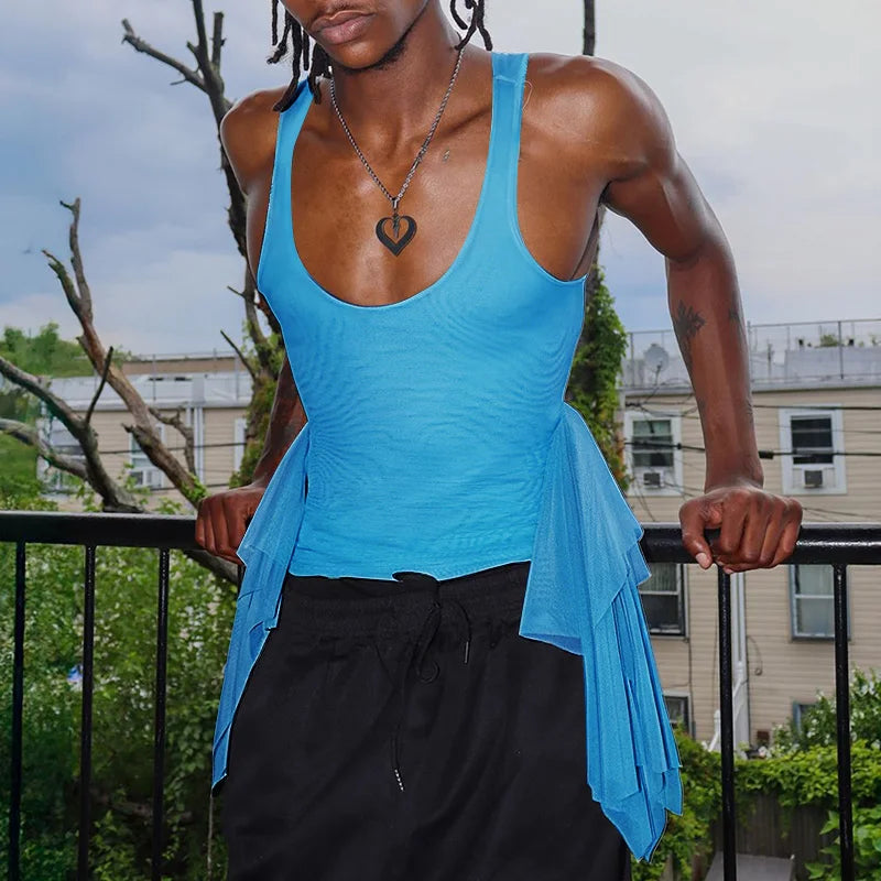 a sexy man in Blue Runway Wing Sheer Tank - pridevoyageshop.com - gay men's fashion, clubwear, party outfit
