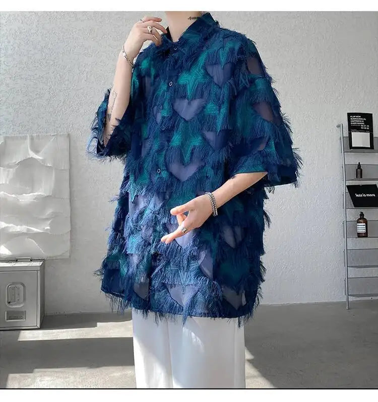 a sexy man in Blue Starfall Fringe Shirt - pridevoyageshop.com - gay men's fashion, clubwear, party outfit
