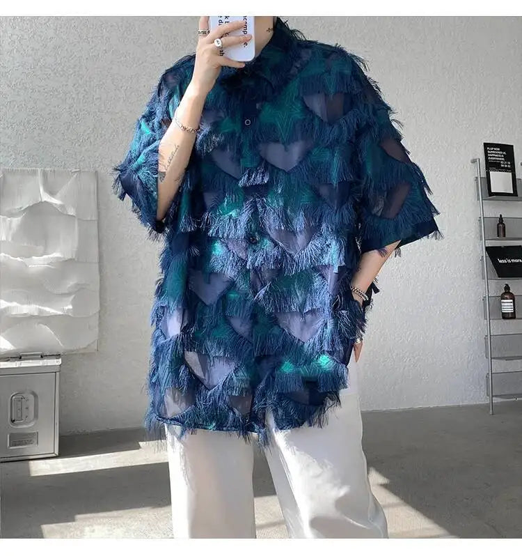 a sexy man in Blue Starfall Fringe Shirt - pridevoyageshop.com - gay men's fashion, clubwear, party outfit
