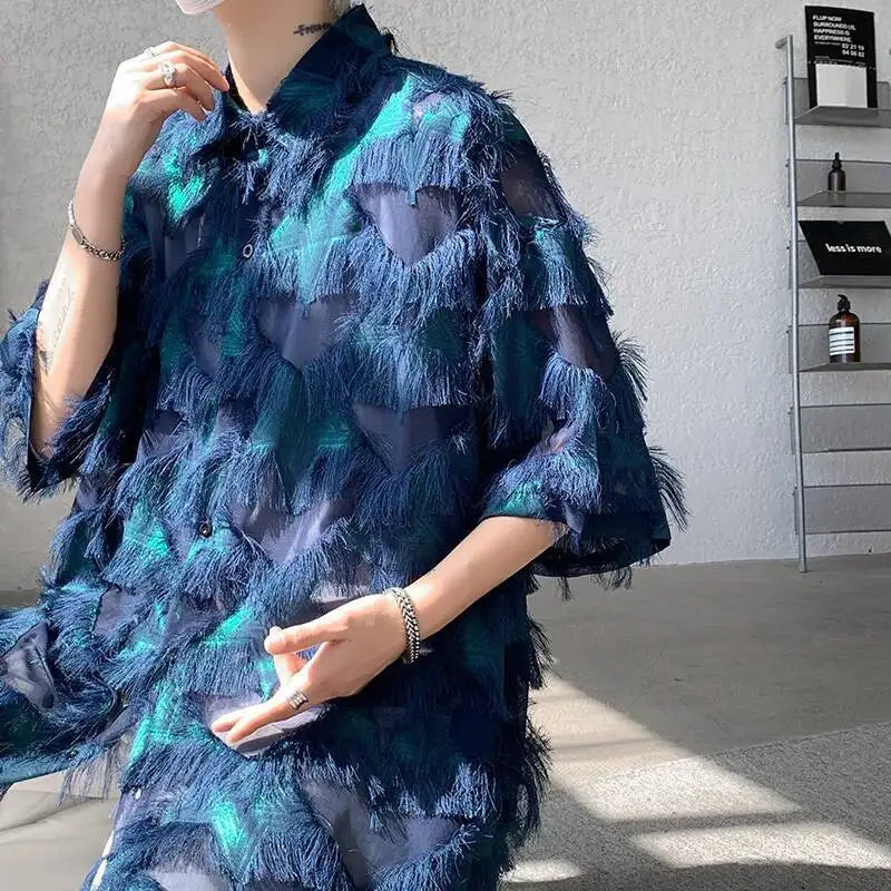 a sexy man in Blue Starfall Fringe Shirt - pridevoyageshop.com - gay men's fashion, clubwear, party outfit
