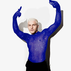 a sexy man in Blue The Center of the Universe Rhinestone Mesh Top - pridevoyageshop.com - gay men's fashion, clubwear, party outfit
