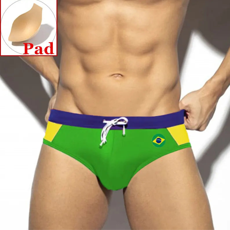 a sexy man in Brazil flag Men’s World Play National Flags Swim Briefs with pad - pridevoyageshop.com - gay men’s sexy swim briefs, trunks, board shorts, and bikinis