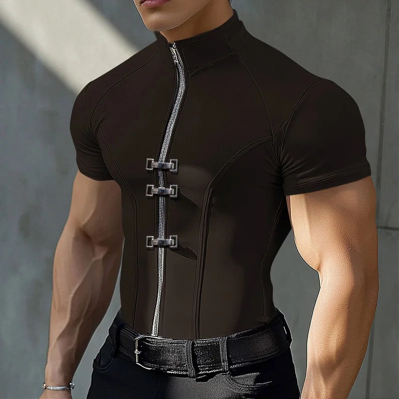 a sexy man in Brown Castro Catwalk Zip Tee - pridevoyageshop.com - gay men's fashion, clubwear, party outfit
