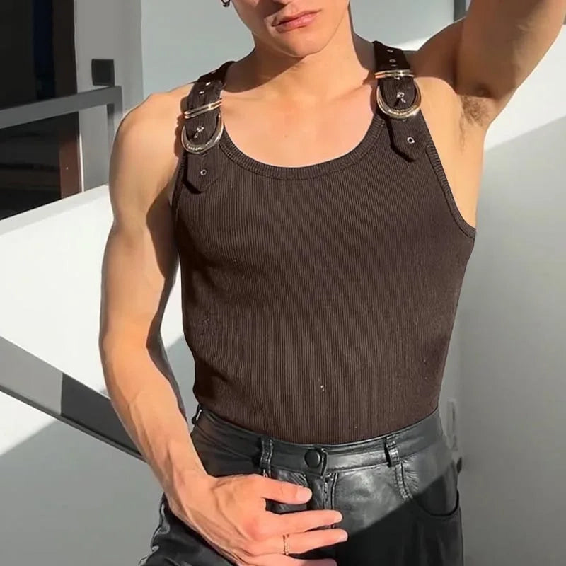 a sexy man in Brown Warehouse Code Harness Top - pridevoyageshop.com - gay men's harness, fetish gear, rave outfit
