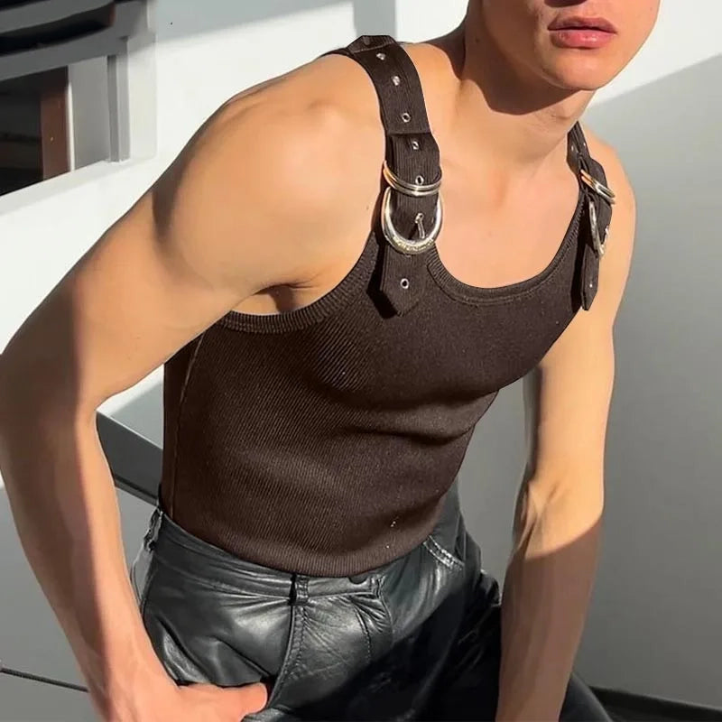 a sexy man in Brown Warehouse Code Harness Top - pridevoyageshop.com - gay men's harness, fetish gear, rave outfit
