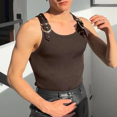 a sexy man in Brown Warehouse Code Harness Top - pridevoyageshop.com - gay men's harness, fetish gear, rave outfit
