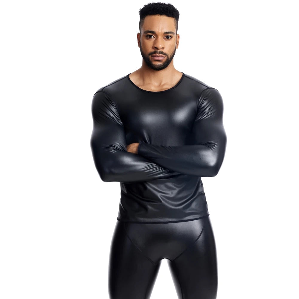a sexy man in Crew Neck Black Blacksmith Armor Wetlook Long Sleeve - pridevoyageshop.com - gay men's fashion, clubwear, party outfit