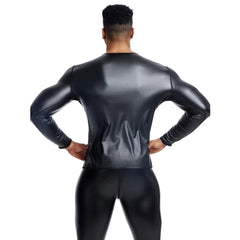 a sexy man in Crew Neck Black Blacksmith Armor Wetlook Long Sleeve - pridevoyageshop.com - gay men's fashion, clubwear, party outfit