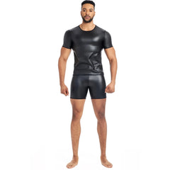 a sexy man in Crew Neck Black Blacksmith Armor Wetlook PU Fetish Top - pridevoyageshop.com - gay men's fashion, clubwear, party outfit