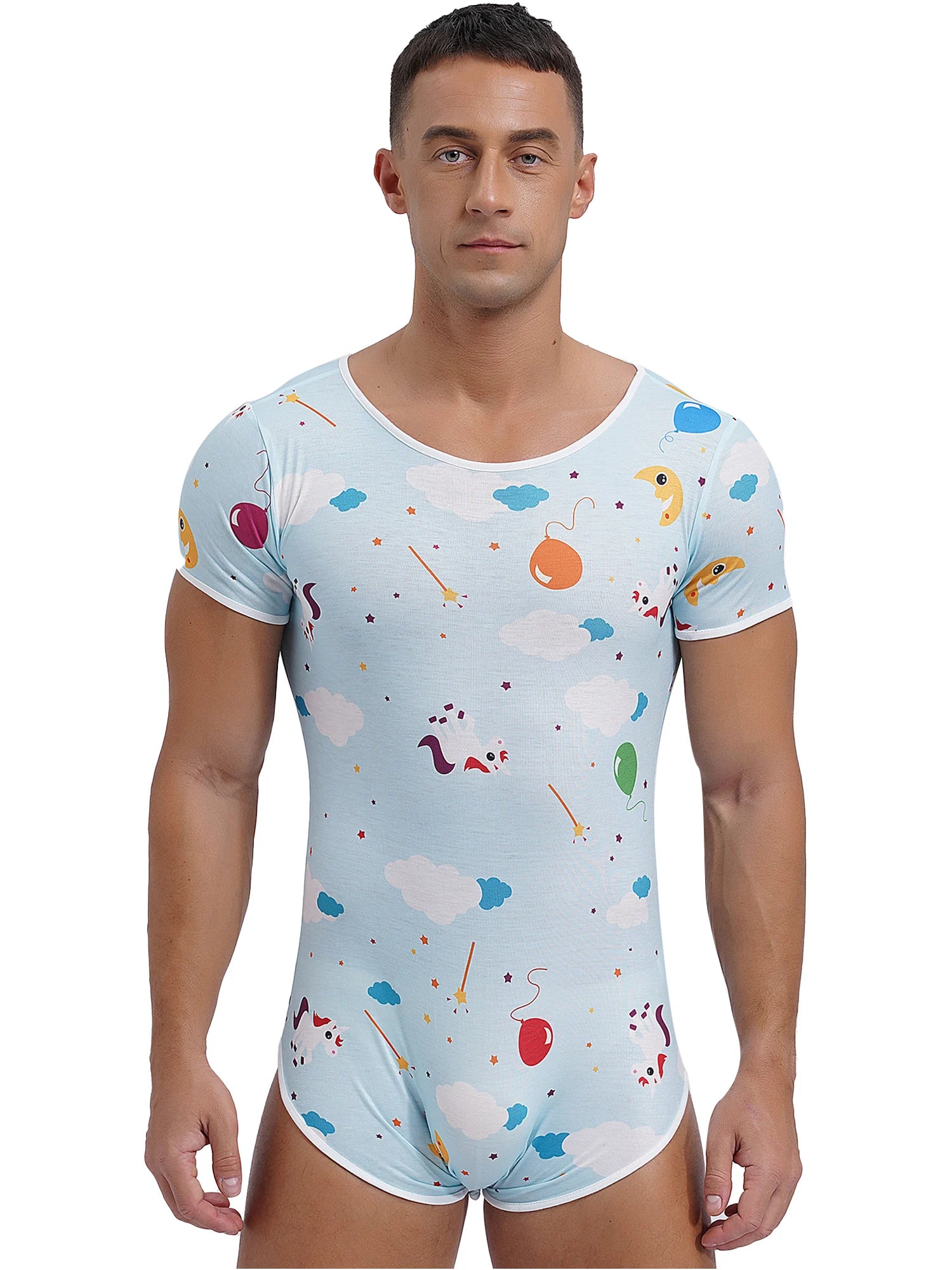 a sexy man in Cuddly Chaos Daddy’s Boy Printed Onesie, colorful silly print, tight playful silhouette, flirty boy energy – pridevoyageshop.com – gay men’s harness, lingerie and fetish wear