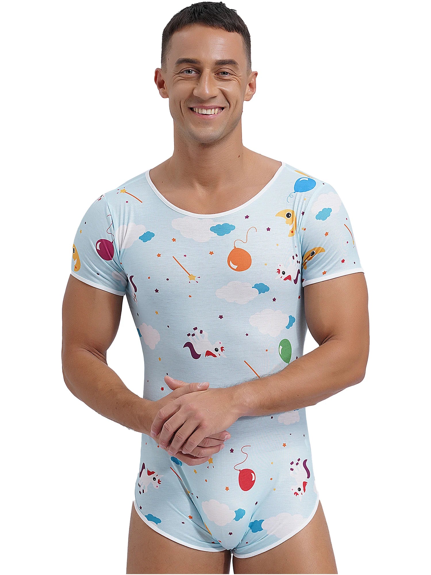a sexy man in Cuddly Chaos Daddy’s Boy Printed Onesie, colorful silly print, tight playful silhouette, flirty boy energy – pridevoyageshop.com – gay men’s harness, lingerie and fetish wear