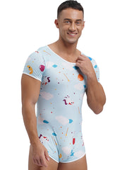 a sexy man in Cuddly Chaos Daddy’s Boy Printed Onesie, colorful silly print, tight playful silhouette, flirty boy energy – pridevoyageshop.com – gay men’s harness, lingerie and fetish wear