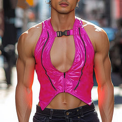 a sexy man in Dark Pink Men’s Bubblegum Shiny Cutout Vest - pridevoyageshop.com - gay men's harness, fetish gear, rave outfit
