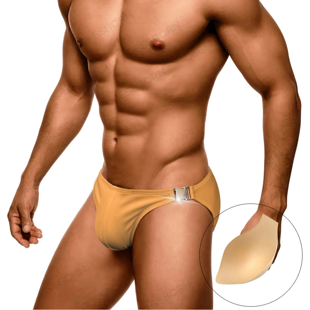 a sexy man in Earth color Men’s Climax Buckle Bulge Swim Briefs with pad - pridevoyageshop.com - gay men’s sexy swim briefs, trunks, board shorts, and bikinis