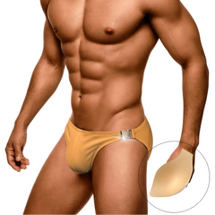 a sexy man in Earth color Men’s Climax Buckle Bulge Swim Briefs with pad - pridevoyageshop.com - gay men’s sexy swim briefs, trunks, board shorts, and bikinis