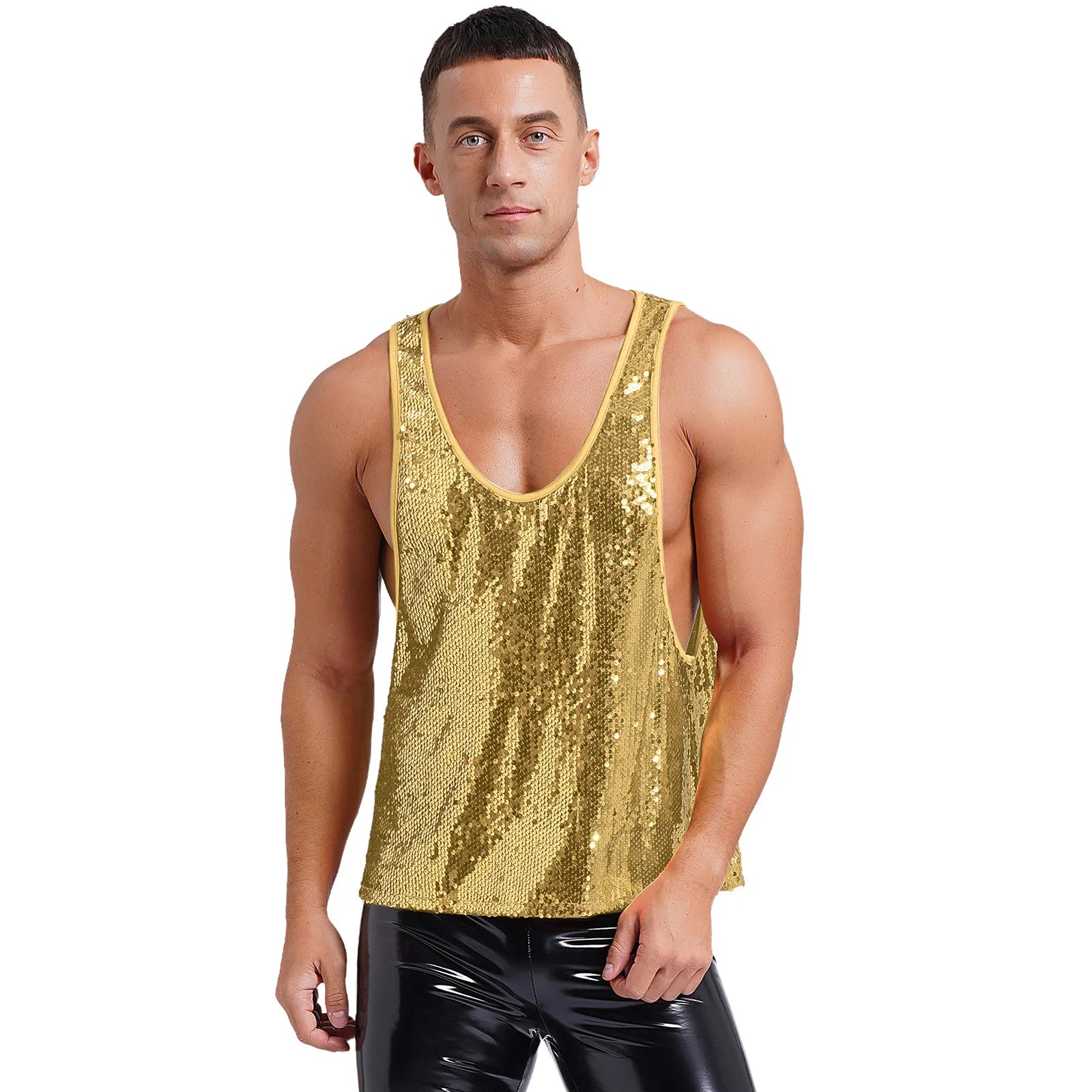 a sexy man in Gold Bourbon Street Tease Deep Scoop Sequin Tank - pridevoyageshop.com - gay men's fashion, clubwear, party outfit
