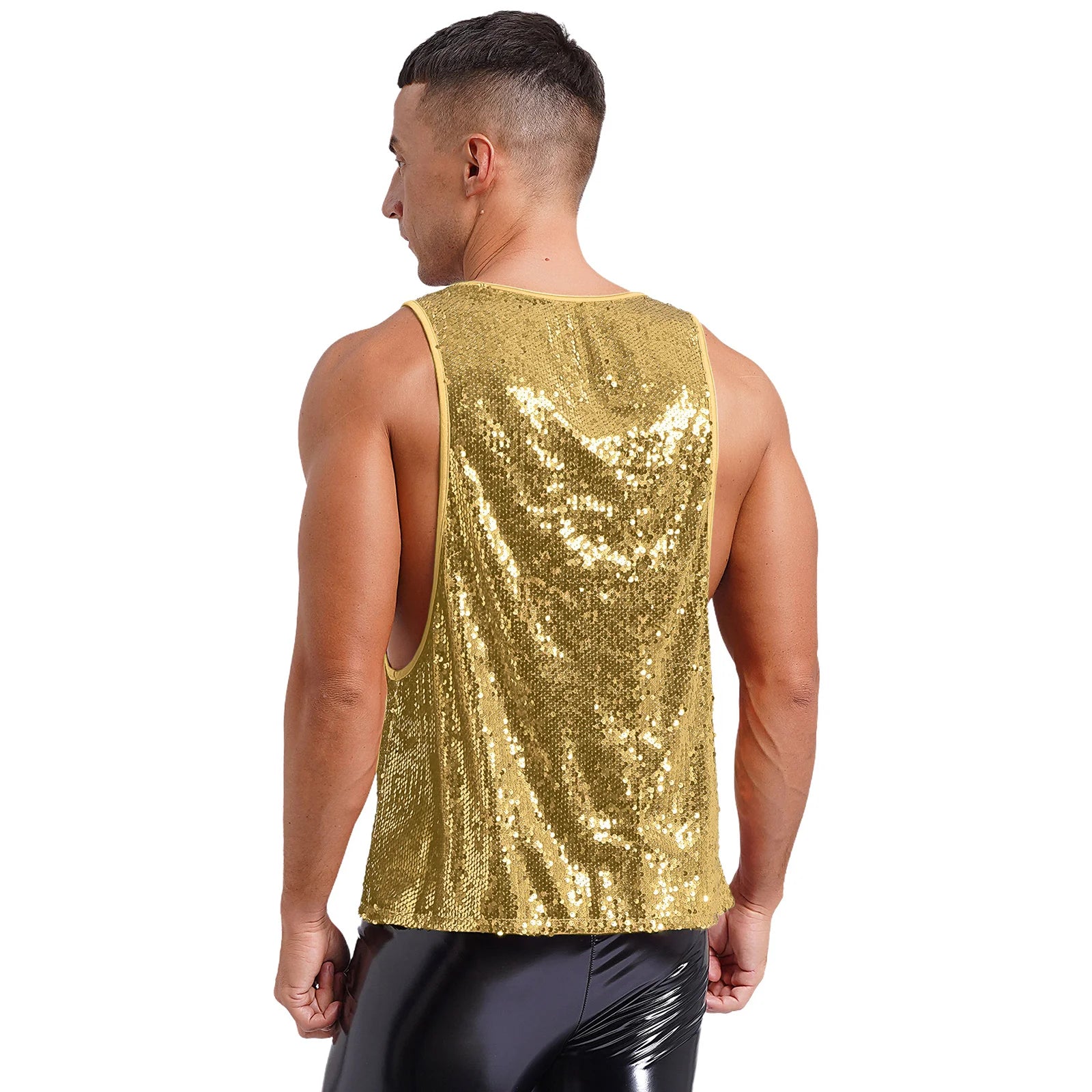a sexy man in Gold Bourbon Street Tease Deep Scoop Sequin Tank - pridevoyageshop.com - gay men's fashion, clubwear, party outfit
