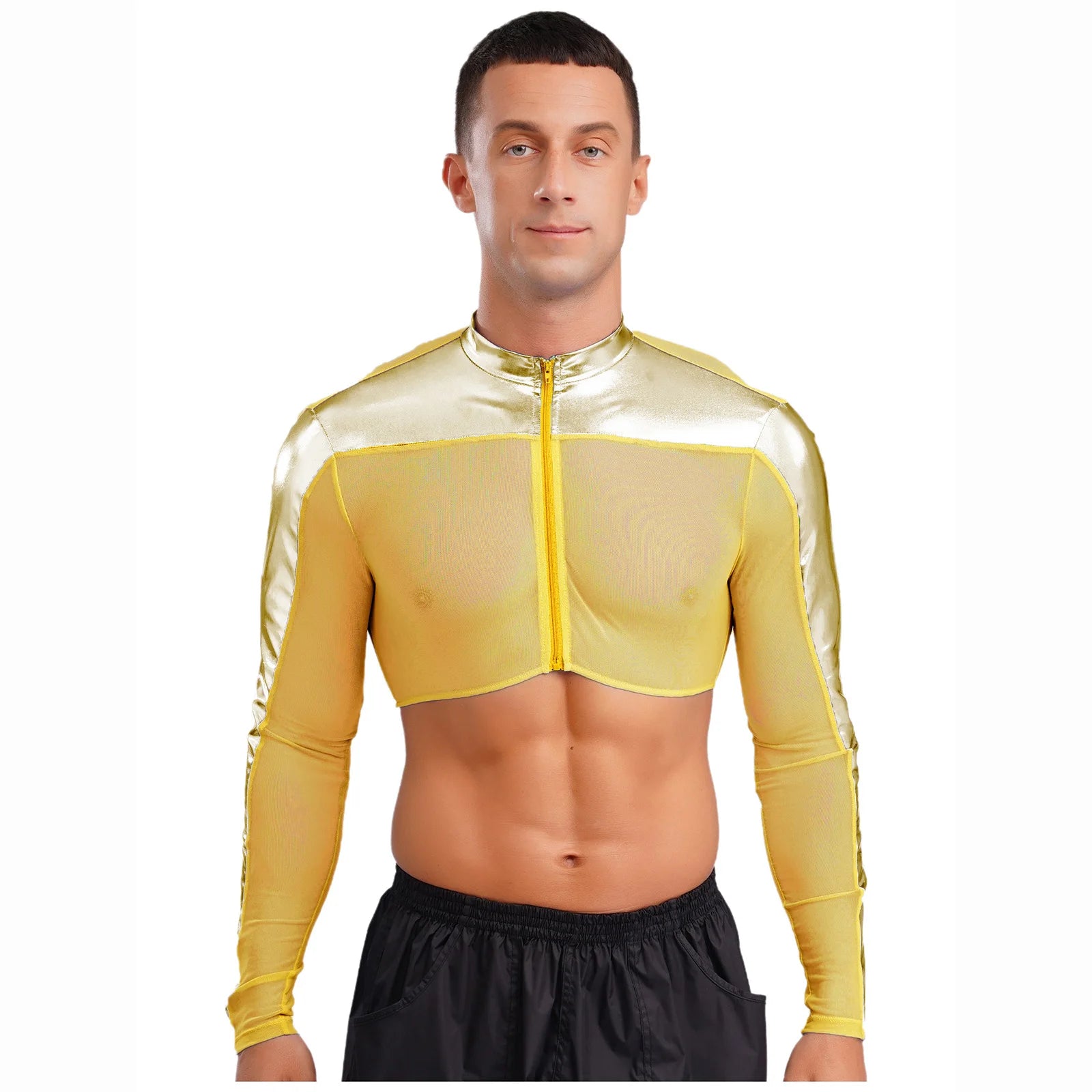 a sexy man in Gold Hyperstrike Crop Jacket - pridevoyageshop.com - gay men's fashion, clubwear, party outfit
