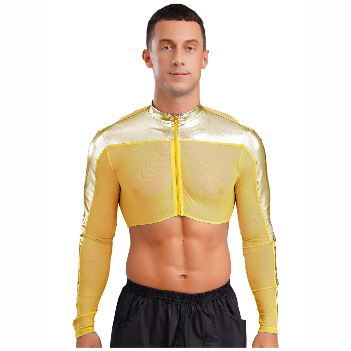 a sexy man in Gold Hyperstrike Crop Jacket - pridevoyageshop.com - gay men's fashion, clubwear, party outfit

