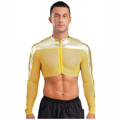 a sexy man in Gold Hyperstrike Crop Jacket - pridevoyageshop.com - gay men's fashion, clubwear, party outfit
