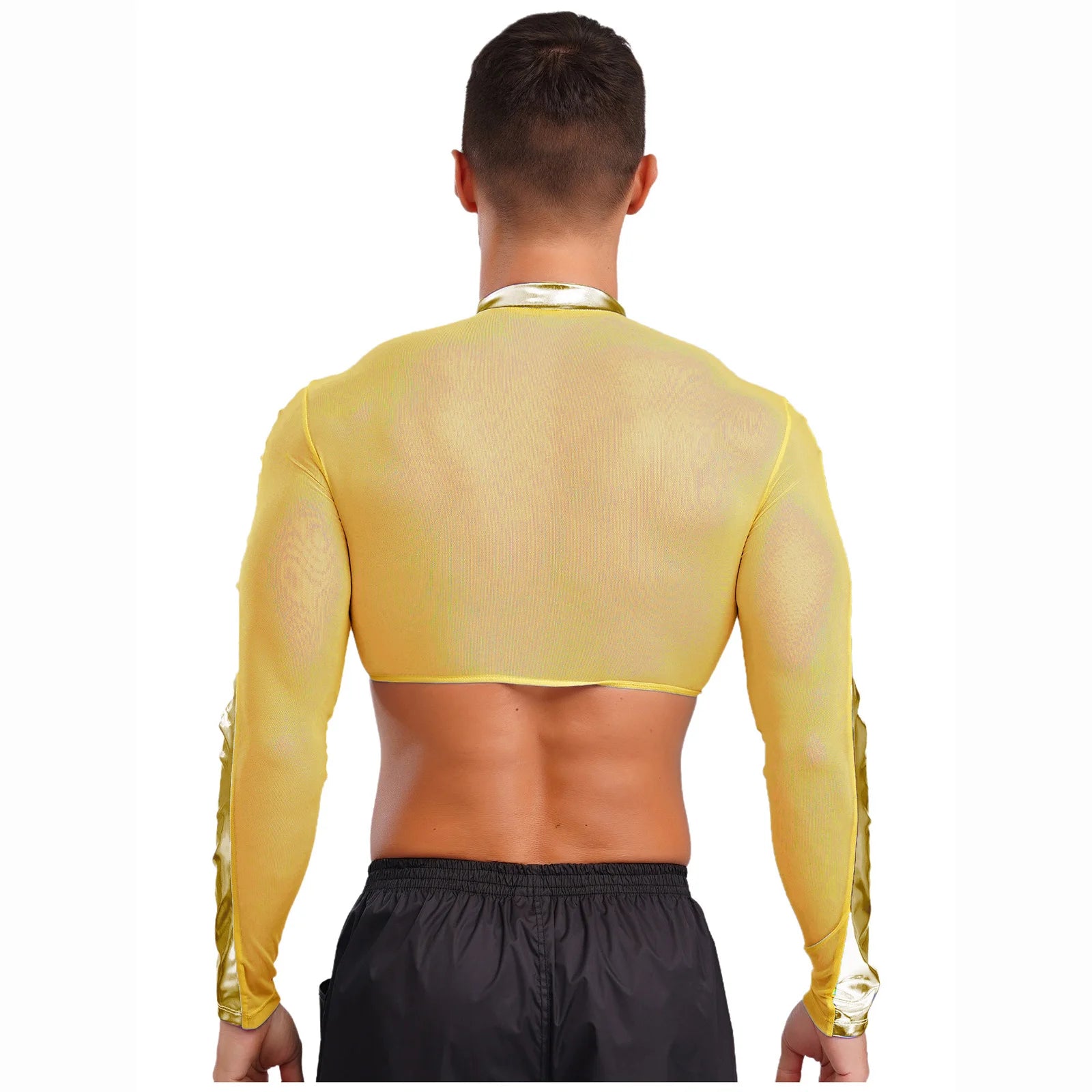 a sexy man in Gold Hyperstrike Crop Jacket - pridevoyageshop.com - gay men's fashion, clubwear, party outfit
