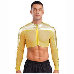 a sexy man in Gold Hyperstrike Crop Jacket - pridevoyageshop.com - gay men's fashion, clubwear, party outfit
