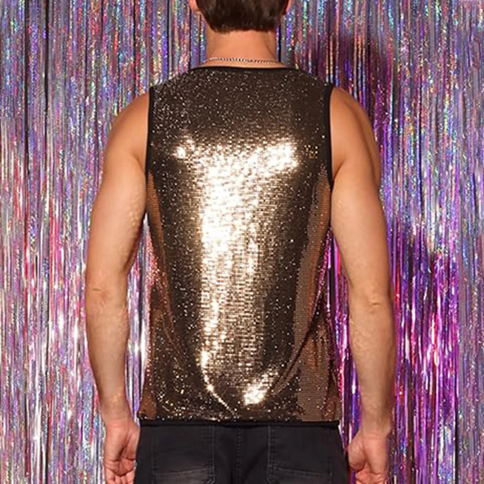 a sexy man in Gold Last Call Sequin Tank - pridevoyageshop.com - gay men's fashion, clubwear, party outfit
