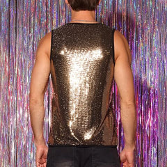 a sexy man in Gold Last Call Sequin Tank - pridevoyageshop.com - gay men's fashion, clubwear, party outfit
