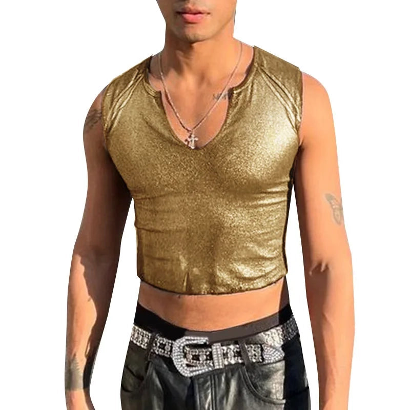 a sexy man in Gold Midnight Lamé Metallic V-Crop - pridevoyageshop.com - gay men's fashion, clubwear, party outfit
