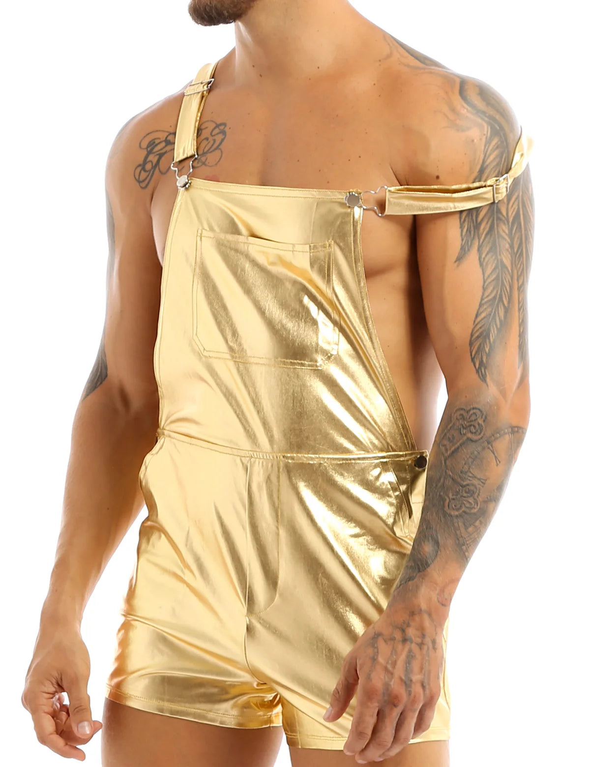 a sexy man in Gold P-Town Party Shortalls - pridevoyageshop.com - gay men's fashion, clubwear, party outfit
