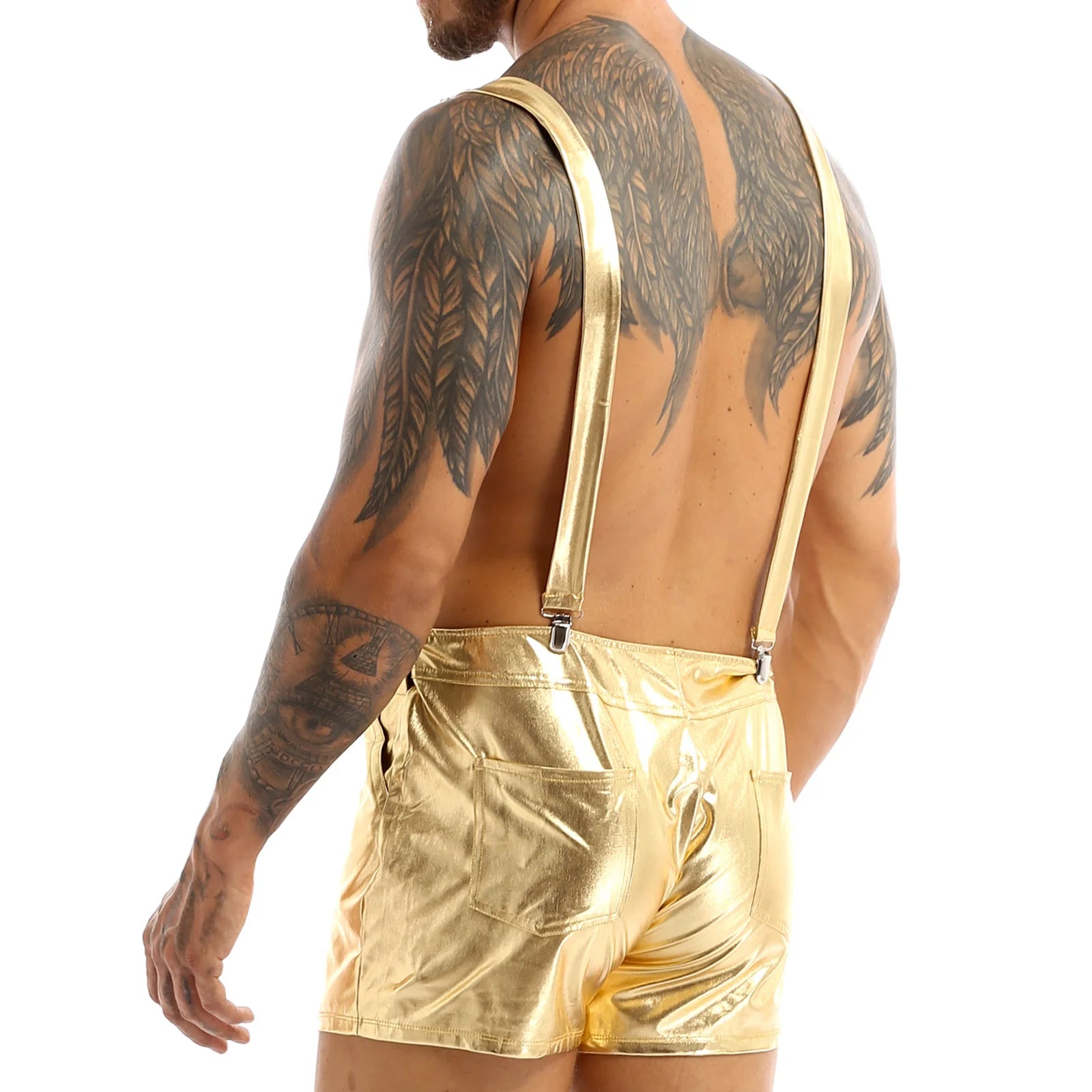 a sexy man in Gold P-Town Party Shortalls - pridevoyageshop.com - gay men's fashion, clubwear, party outfit
