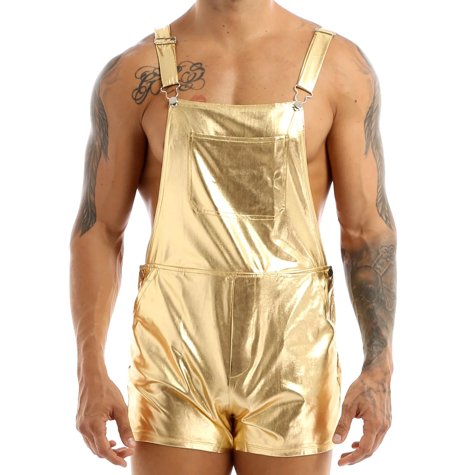 a sexy man in Gold P-Town Party Shortalls - pridevoyageshop.com - gay men's fashion, clubwear, party outfit
