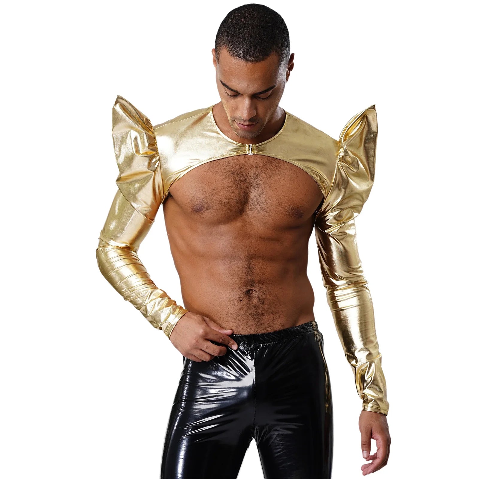 a sexy man in Gold Pop Rocket Metallic Shiny Crop Top - pridevoyageshop.com - gay men's fashion, clubwear, party outfit
