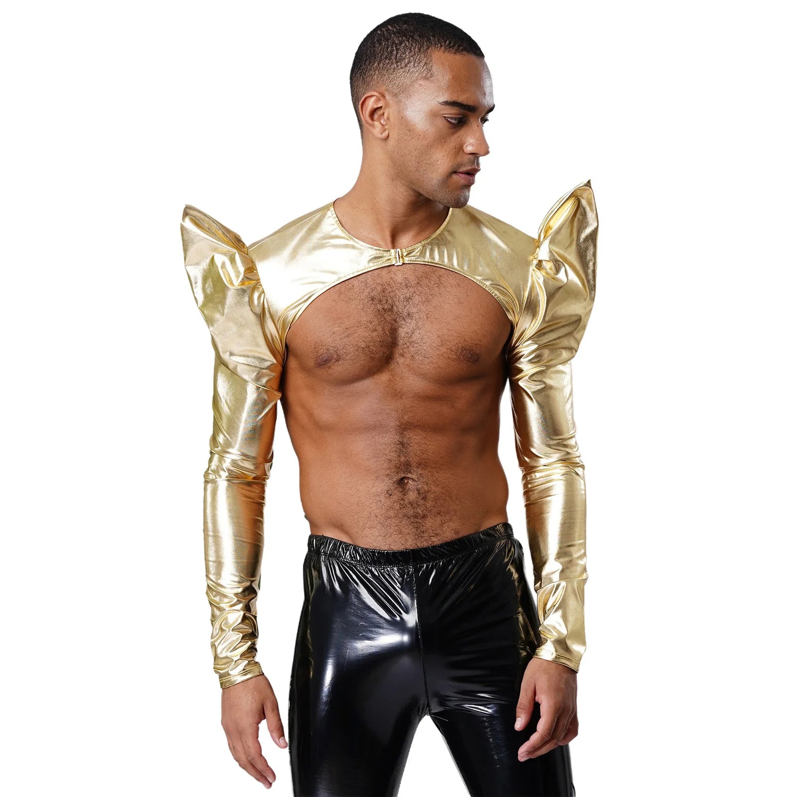a sexy man in Gold Pop Rocket Metallic Shiny Crop Top - pridevoyageshop.com - gay men's fashion, clubwear, party outfit
