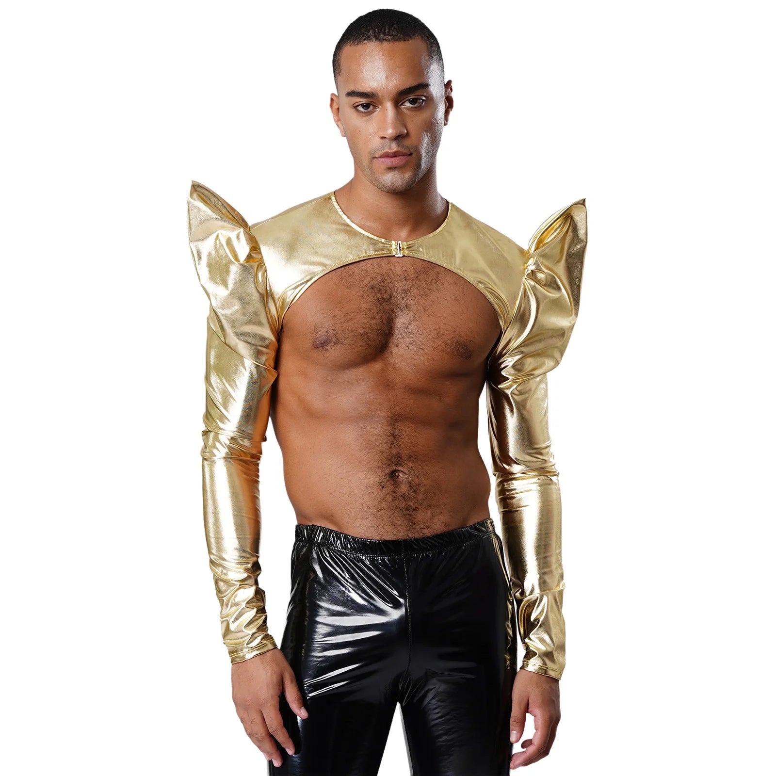 a sexy man in Gold Pop Rocket Metallic Shiny Crop Top - pridevoyageshop.com - gay men's fashion, clubwear, party outfit
