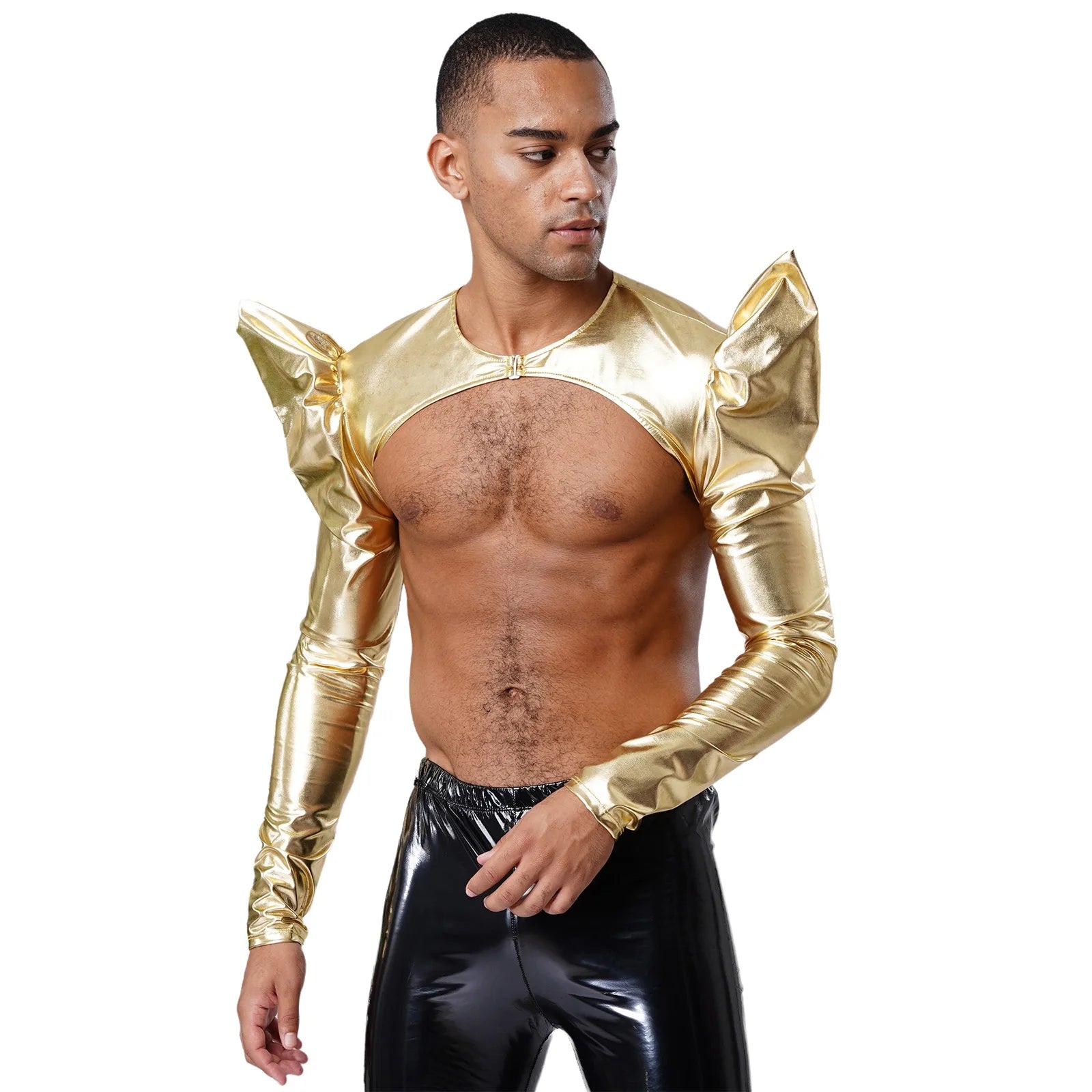 a sexy man in Gold Pop Rocket Metallic Shiny Crop Top - pridevoyageshop.com - gay men's fashion, clubwear, party outfit
