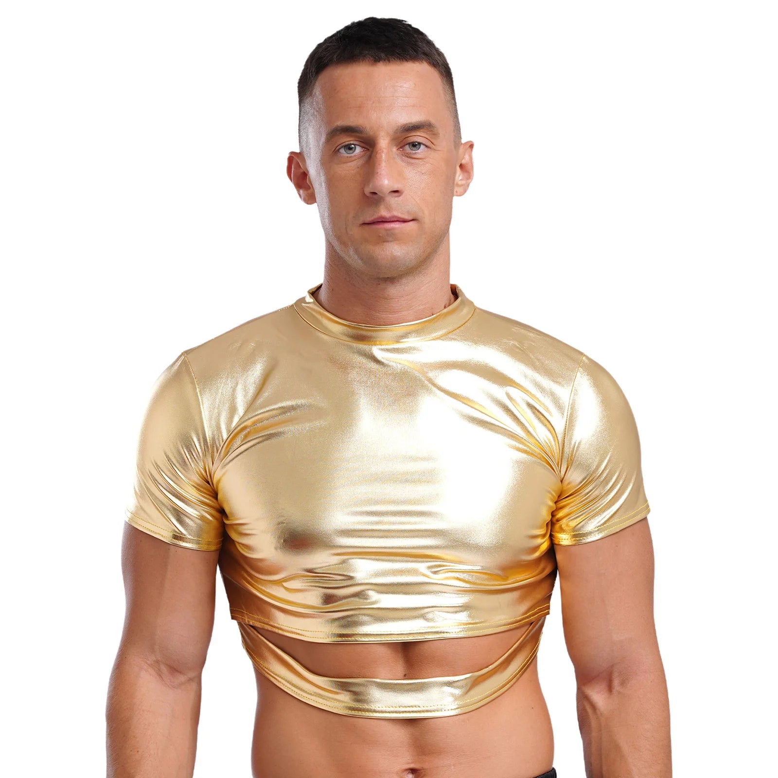 a sexy man in Gold Strobe Crop Tee - pridevoyageshop.com - gay men's fashion, clubwear, party outfit
