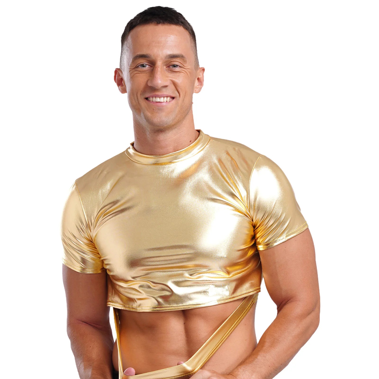 a sexy man in Gold Strobe Crop Tee - pridevoyageshop.com - gay men's fashion, clubwear, party outfit
