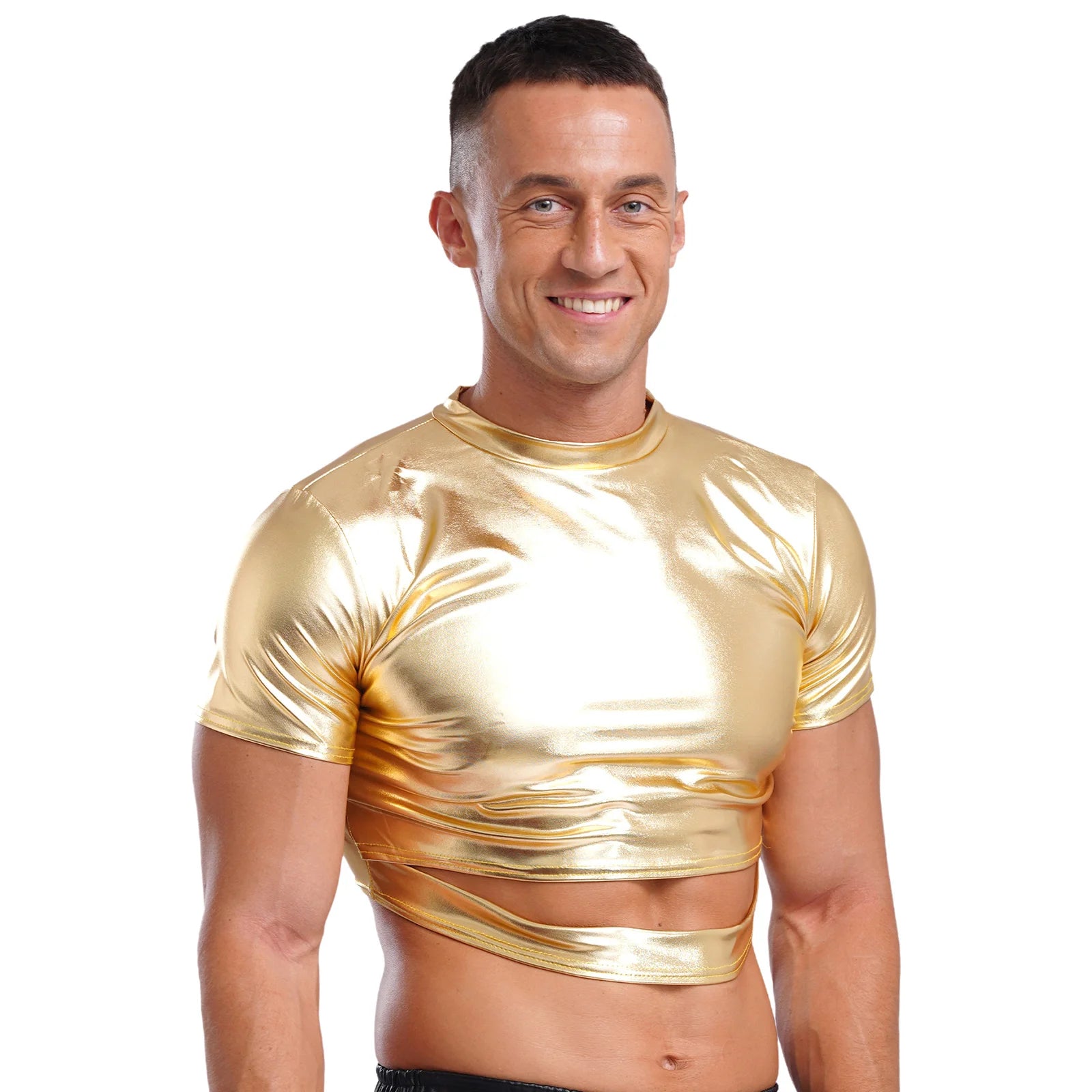 a sexy man in Gold Strobe Crop Tee - pridevoyageshop.com - gay men's fashion, clubwear, party outfit
