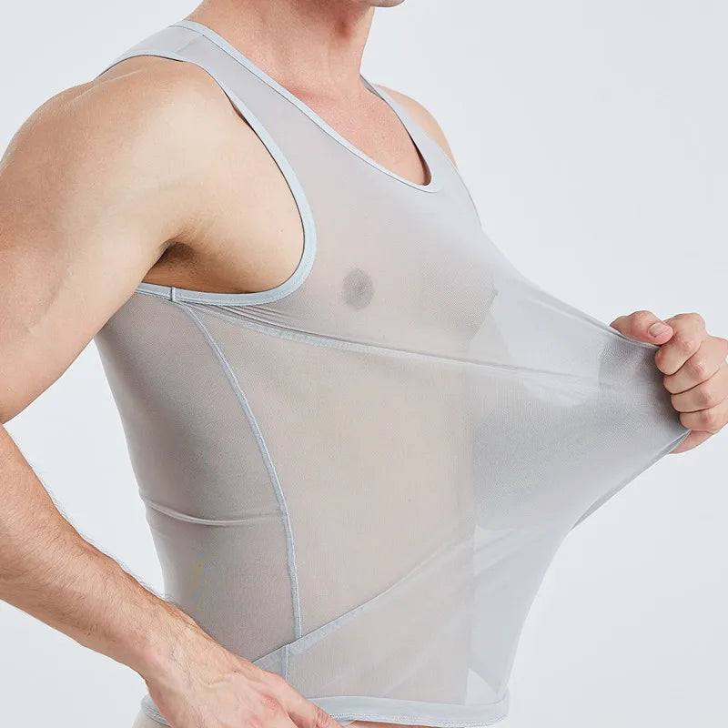 a sexy man in Gray Discreet Mesh Tank - pridevoyageshop.com - gay men's fashion, clubwear, party outfit
