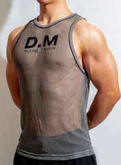 a sexy man in Gray The DM Is Open Mesh Tank - pridevoyageshop.com - gay men's fashion, clubwear, party outfit
