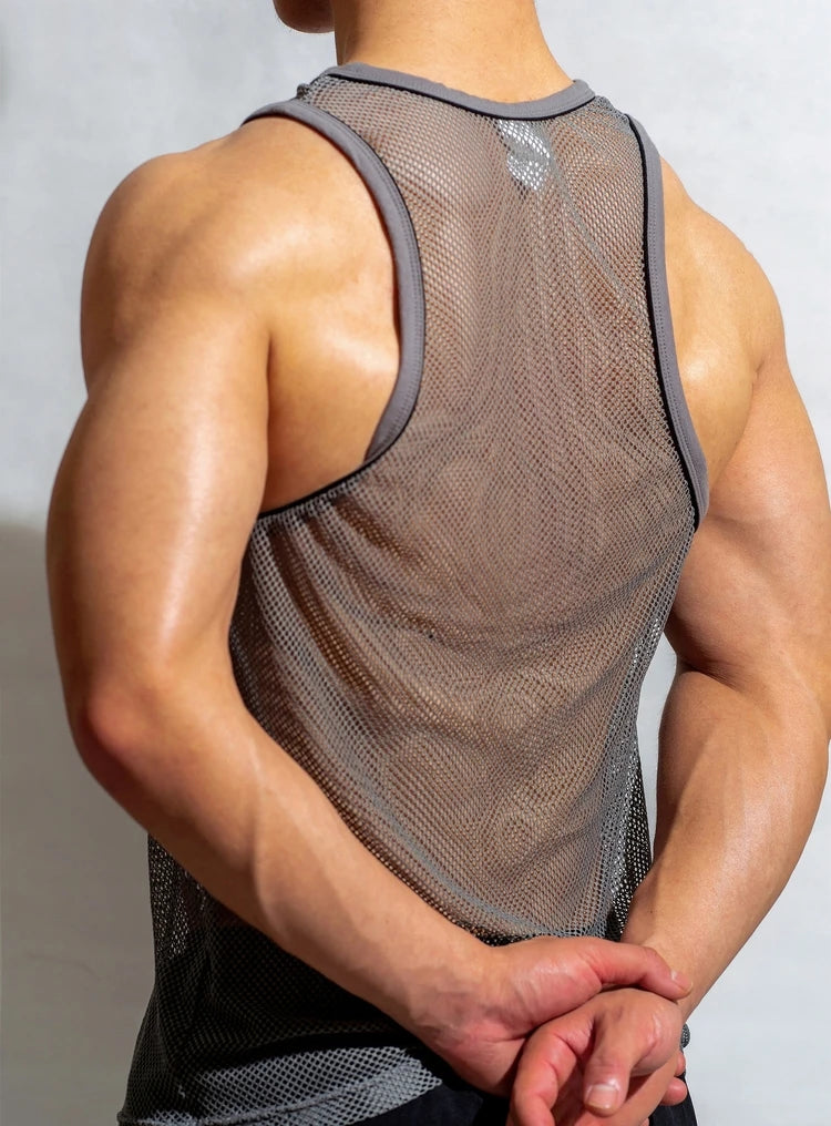 a sexy man in Gray The DM Is Open Mesh Tank - pridevoyageshop.com - gay men's fashion, clubwear, party outfit
